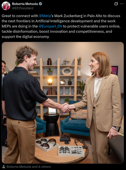 Parliament President Roberta Metsola (EPP) who revived Chat Control 1.0 shaking hands with Mark Zuckerberg.

